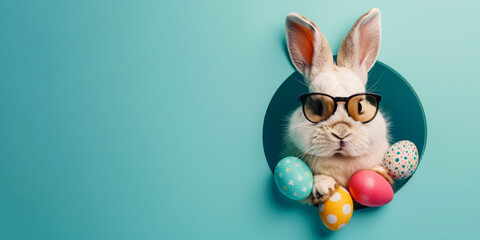 Charming Easter bunny with sunglasses holding colorful eggs on a turquoise background