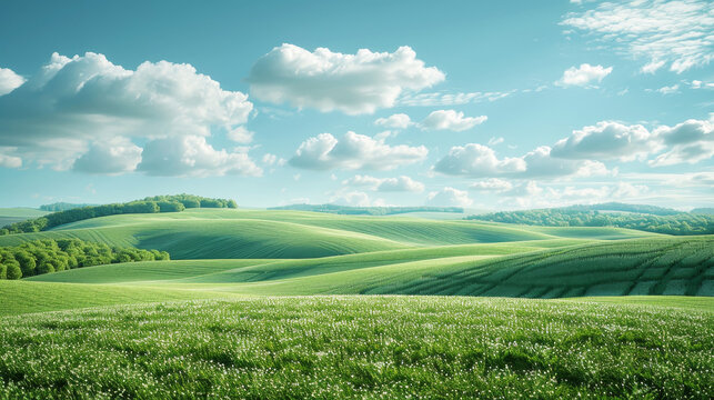 Serene countryside landscape with lush rolling fields under a blue sky with fluffy clouds