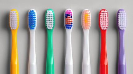 18072250 05 5. A set of clean, white toothbrushes with different colored bristles, isolated on a transparent background