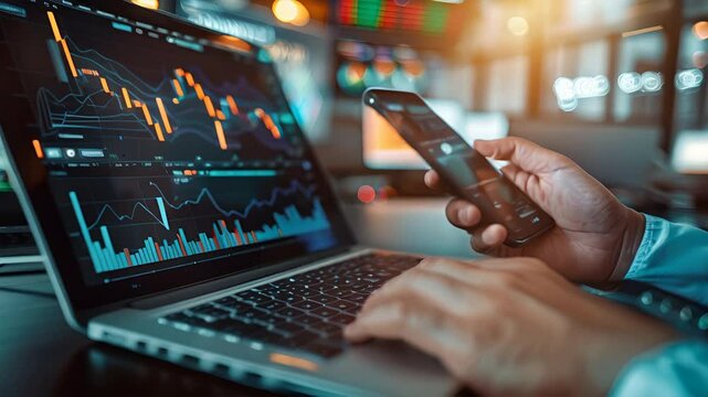 Finance manager analyzing stock market with candlestick stock market chart uptrend line and indicators on laptop screens,generative ai