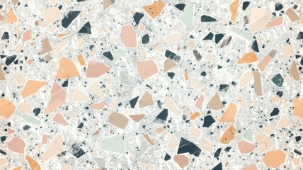 Terrazzo flooring interior pattern composed of pieces of granite, quartz, glass and stone. Marble floor texture. Classic ceramic paving design. Abstract wall background. Retro venetian material
