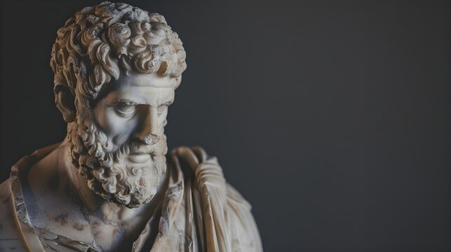 greek statue of a stoic with a sad expression on dark background