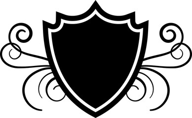 Black & white shield emblem with floral decoration