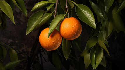 Two ripe oranges on a orange tree