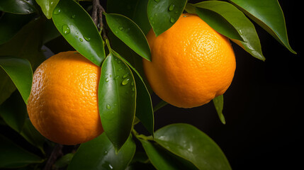 Two ripe oranges on a orange tree
