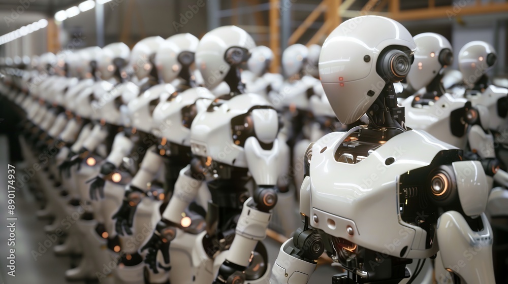 Poster humanoid robots collaborate in a busy factory, efficiently assembling products with precision.