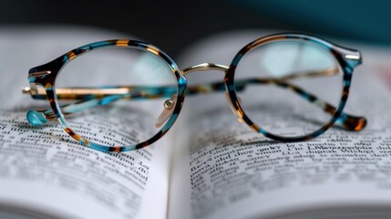 18072344 08 8. A pair of stylish reading glasses resting on an open book with detailed text, isolated on a transparent background 