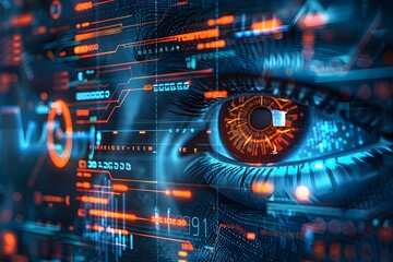 Obraz premium High tech interface with a focus on a digital eye, surrounded by holographic displays and data streams, conveying innovation and future technology concepts in a sleek, modern setting