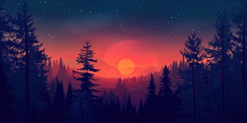 Naklejka premium Vibrant Sunset Over Silhouetted Pine Forest