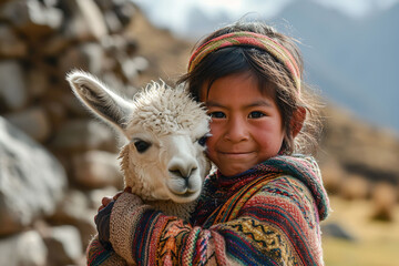portrait young smiling girl hugging a white baby llama in mountains