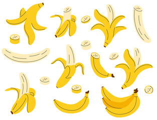 Hand drawn banana set. Simple drawing of whole, peeled bananas, sliced, chopped, empty peel