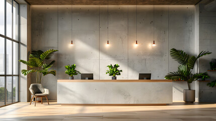 interior design for reception area in modern style with plant chair table and many props on wood floor and white wall