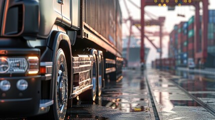 Shimmering Rain-Kissed Freight Truck at Commercial Harbor at Sunset
