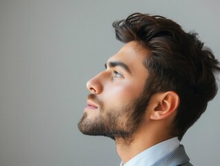 Fototapeta premium Side profile of a handsome businessman looking up, an image of job searching and hiring with blank space for text.