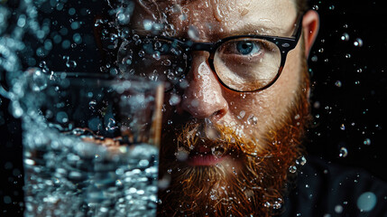 Man with glasses and a beard poses with a wet glass in front of a black backdrop.