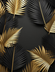 Luxury background with 3d black and golden palm leaves