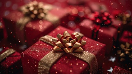Beautifully Wrapped Red Christmas Gifts with Golden Ribbons and Sparkling Decorations in Festive Setting