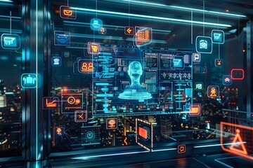 AI holographic control room with advanced digital interfaces in a futuristic setting