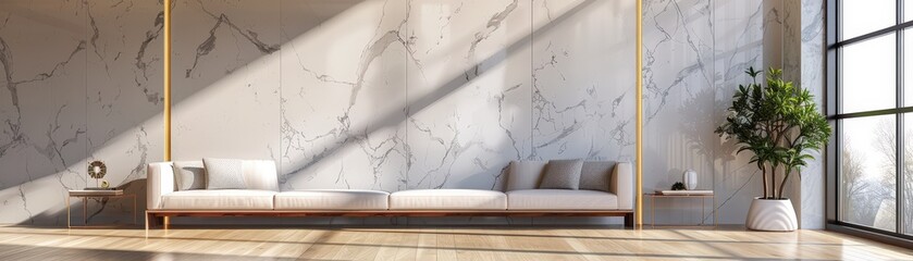 Modern Minimalist Living Room with Marble Walls and Natural Light