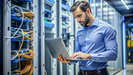 Man working on a laptop in a server room, focusing on network maintenance and management amidst rows of server racks and cables.