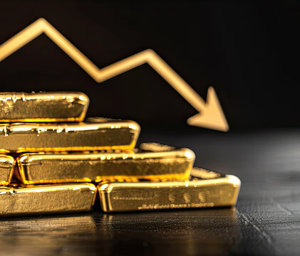 3d render of gold bars and graph going down 