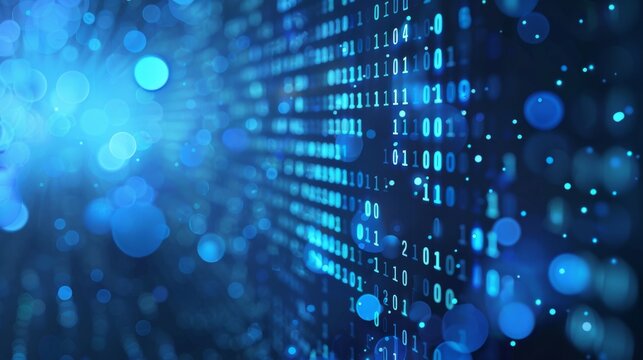 Abstract digital binary code background with glowing blue bokeh. Futuristic technology and data concept for tech-themed designs.