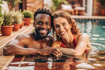 Smiling diverse couple relaxing by swimming pool, enjoying sunny day, and showing happiness
