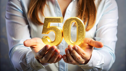 Woman holding a golden 50 percent symbol in her hands, symbolizing discount or milestone