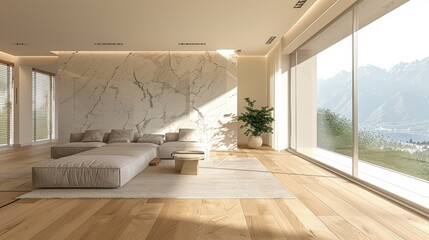 Modern Minimalist Living Room with Panoramic Mountain View and Natural Light