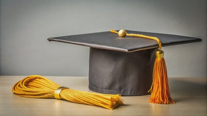 Elegant academic regalia featuring a vacant mortarboard hat with tassel, symbolizing accomplishment and intellectual pursuits, set against a neutral background.
