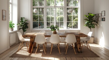 Bright and airy Scandinavian dining room featuring a wooden table and white chairs.