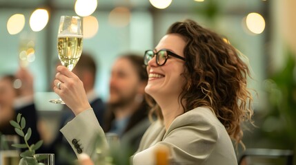A woman in a blazer smiles and raises a glass of champagne at a celebratory gathering.