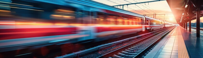 Naklejka premium High-Speed Train Departing Station at Sunset with Motion Blur and Vibrant Colors