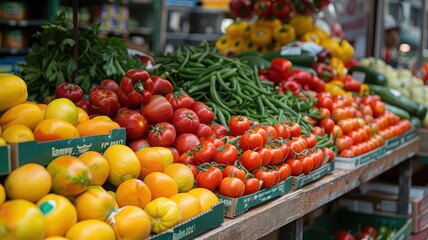 Fresh vegetables on display at a local farmers market. Vibrant tomatoes, peppers, and beans create a colorful and healthy scene.