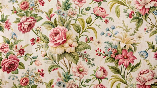 A detailed image of toile fabric with intricate floral patterns featuring roses, lilies, and vines, with soft, diffused lighting highlighting the delicate details.