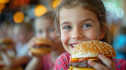 Smiling child enjoying a delicious burger at a family-friendly restaurant with friends, creating fun and memorable moments during mealtime.