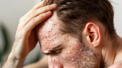 Fototapeta premium Seborrhoeic dermatitis is a skin condition that causes red, scaly patches on the scalp, face, and chest. It can be treated with medicated shampoos and creams.