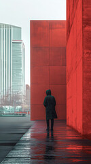 Man walking on the street between buildings