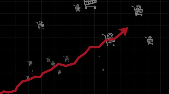 Rising red arrow on black background with cart animation. Growing trend in online shopping and e-commerce. Alpha channel included