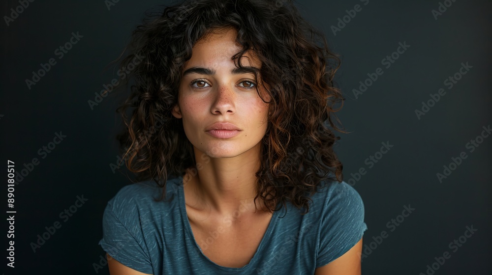 Wall mural Woman With Curly Hair Posing Against Dark Background