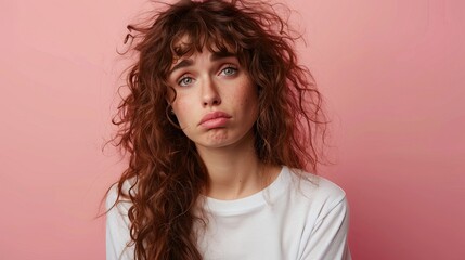 Naklejka premium Woman With Curly Hair Against Pink Background