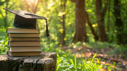 White book with graduation cap on rustic table against lush green forest background