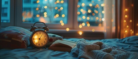 Cozy home interior with an open book and alarm clock on the bed, winter time concept with a blurred background and bokeh lights of the window in the style of the window