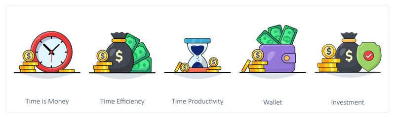 A set of 5 Business icons as time is money, time efficiency, time productivity
