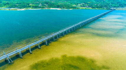 Aerial view of Mr Tiger wooden bridge at Phu Yen, Vietnam. This is the longest wooden bridge in Vietnam