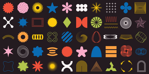 Vector abstract shapes. Star, arch, triangle, spiral, arrow, rhombus and other objects. Geometric modern figures in retro colors. Some elements have editable stroke for comfortable editing. Part5