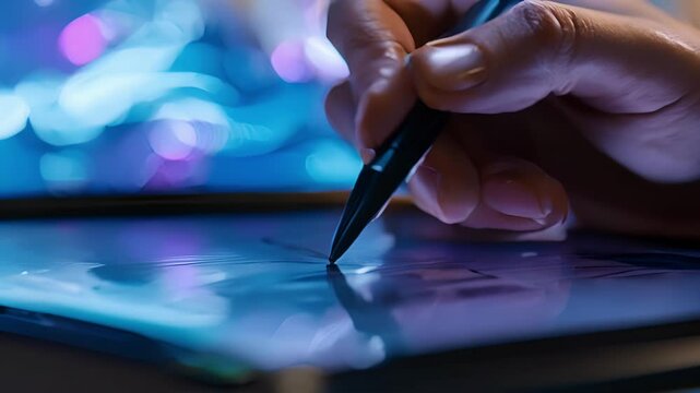 A closeup of a graphics tablet with a stylus in hand for digital drawing and design.