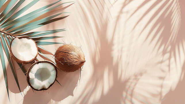 Tropical fruit, half coconut, set against a soft abstract background. Top view.