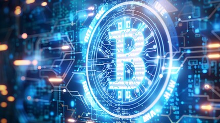 Obraz premium Cyfrowy symbol waluty euro z elementami obwodów i danych na abstrakcyjnym, niebiesko-białym tle technologicznym, ilustrujący koncepcję finansów cyfrowych 