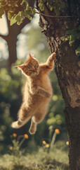 cute cat jumping from a huge tree in a forrest 